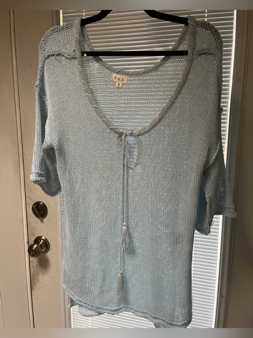 POL Pale Blue Tie-Front V-Neck Knit Tunic